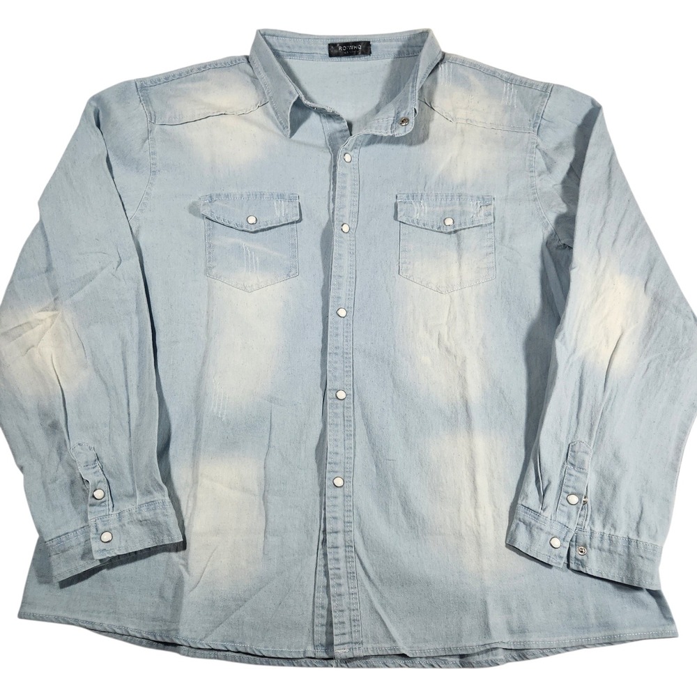 ROIWHO Mens Denim Western Shirt Light‎ Wash Bleached Distressed Snap Button L